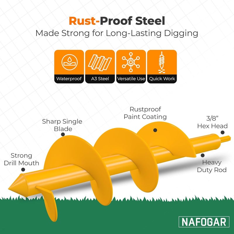 NAFOGAR Garden Auger Drill Bit for Planting - Pack of (2) - 1.6”x16.5” & 3.5”x16” – Garden Spiral Hole Digging for Planting, Bulbs, Bedding Plants & More - Compatible with 3/8 Inch Hex Drive - Image 4